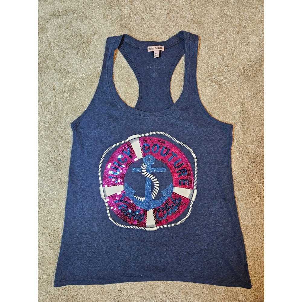 Juicy Couture Tank Top Women XS Navy Blue Sequin Yacht Club Anchor Y2K Nautical